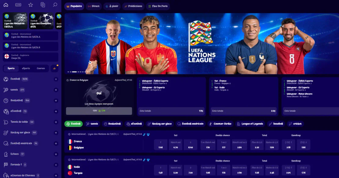 Interface des paris sportifs et événements de football de Spingranny